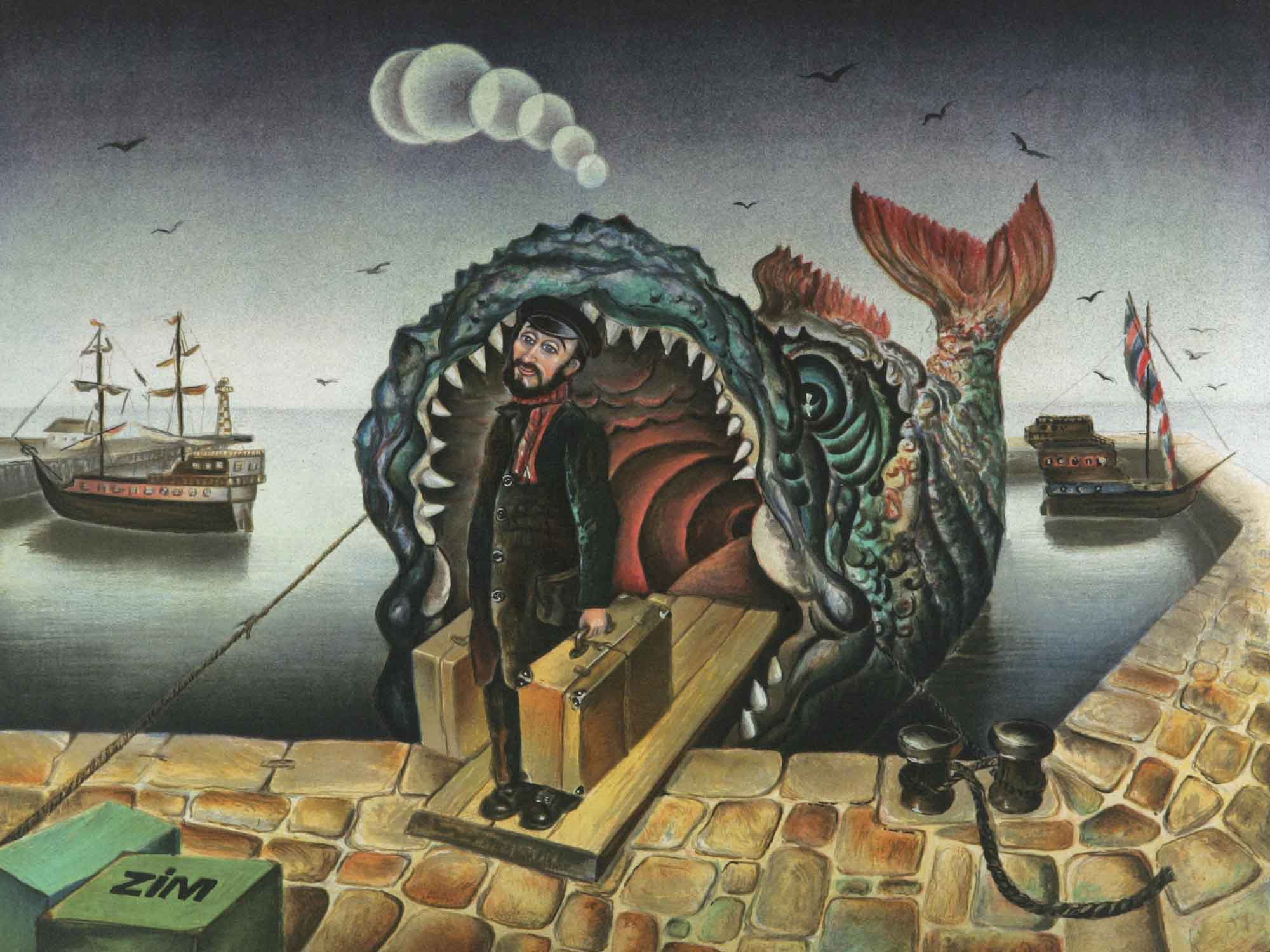 whale with migrant walking out of mouth